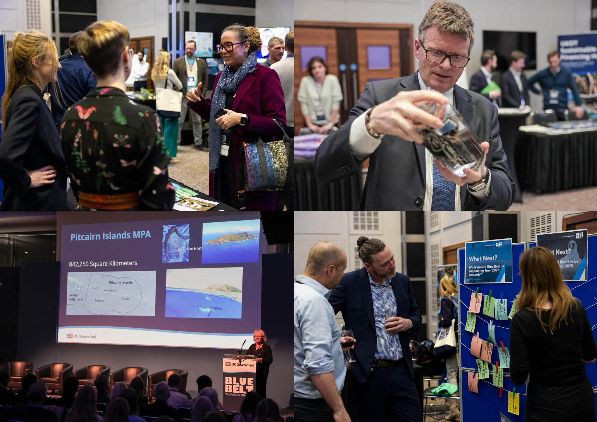 4 pictures. Top left to right: Delegates networking, Minister Richard Benyon examining a sample from RRS Discovery expedition, Melva Evans presents on the Pitcairn MPA, and exhibitors 